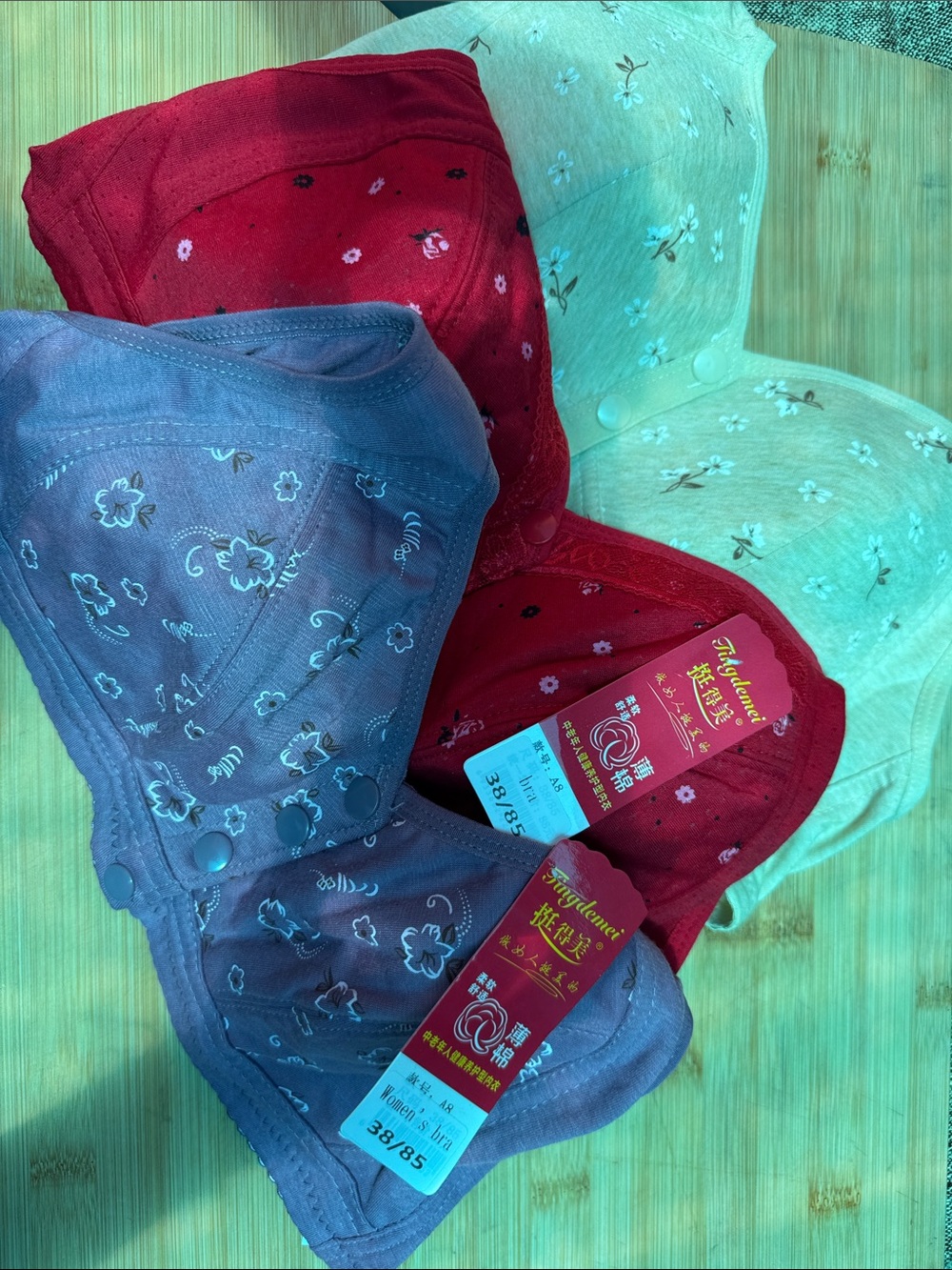 Floral Cotton-Blend Bra Set in Red, Purple & Cream